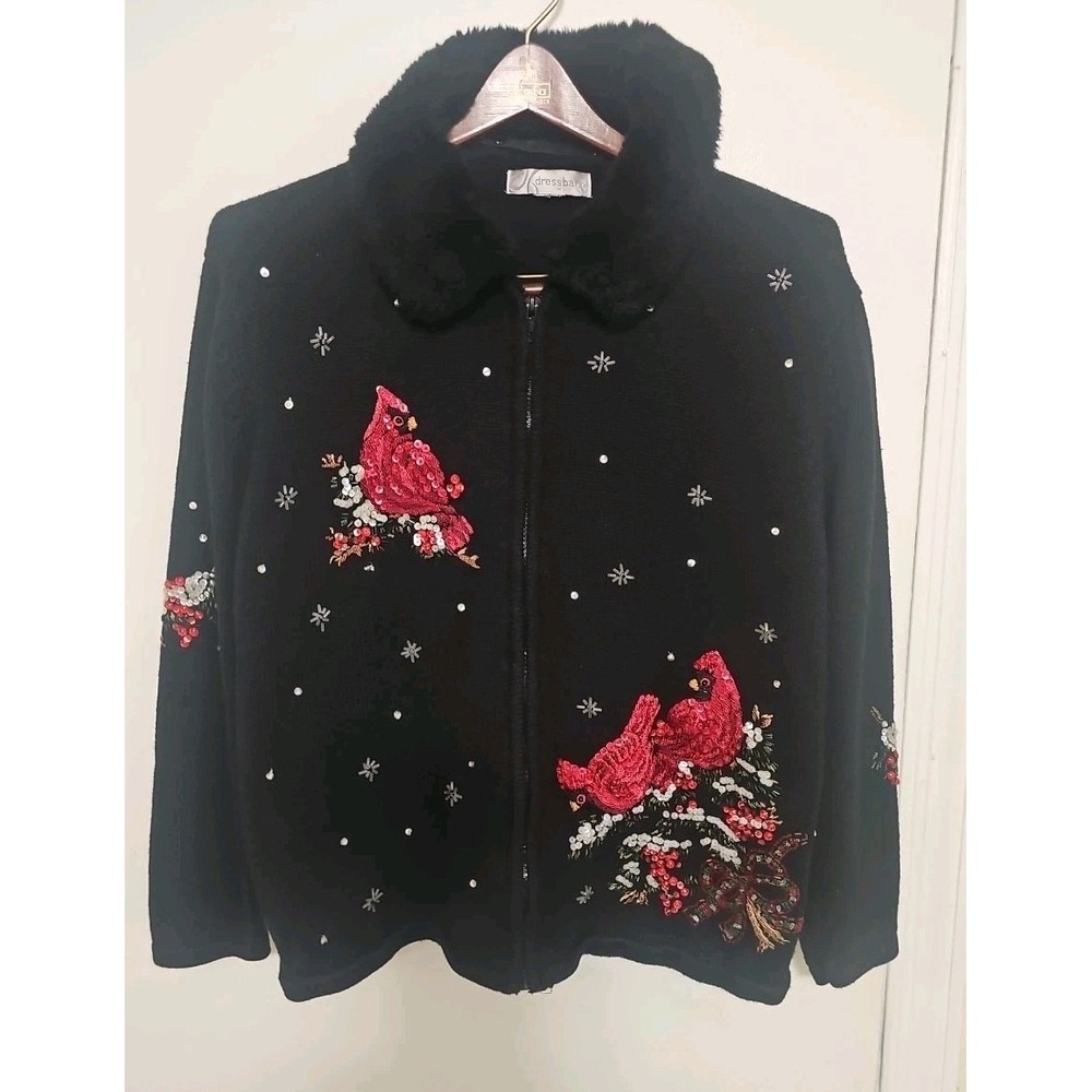 Christmas Sweater Cardinals Sz S Sequins Faux Fur Collar Zip Dress Barn Grandma
